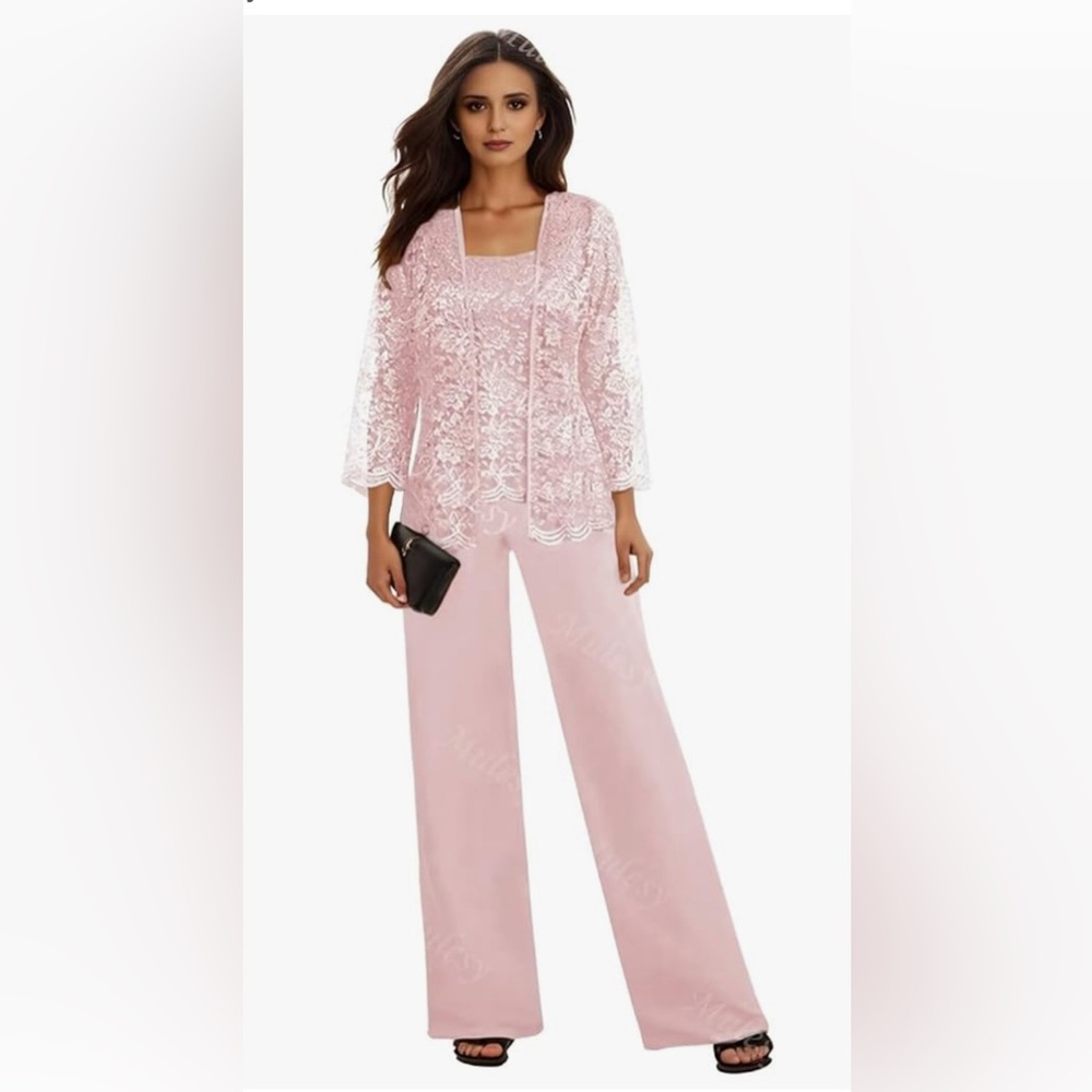 Women's Lace Dark Pink Wedding Dress 3 Pc pants, Lace bodice & matching Coat 2XL